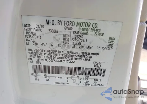 2010 Ford Escape Xlt из США, поврежденный, VIN 1FMCU0D72AKC17222